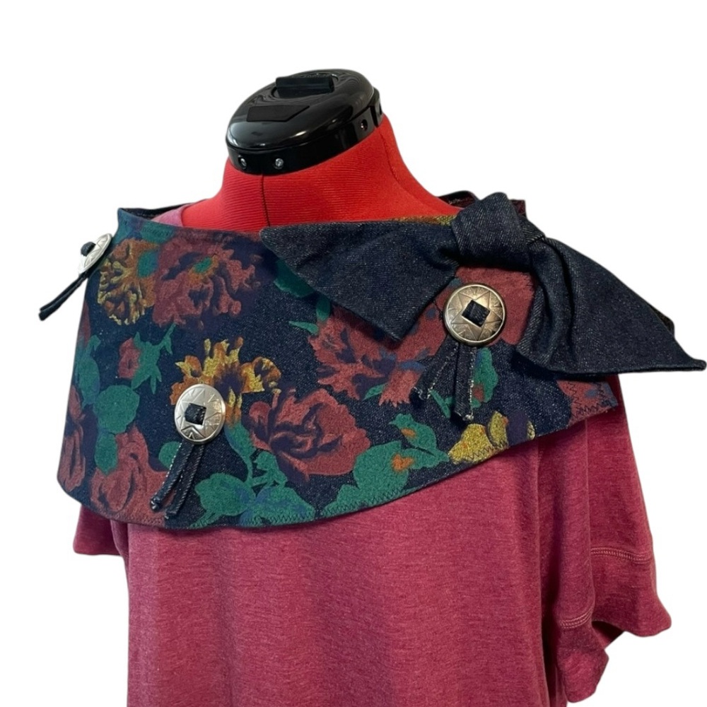 Vintage Women’s Floral Denim Yoke Shawl Over the Shoulders.